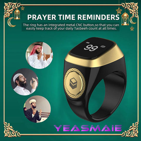 iQIBLA Smart Tasbih Zikr Ring- Muslim Prayer- Prayer timing reminder- OLED display- Tasbih Counter- Smart Ring- Wearable Technology- Waterproof Black 22mm- E0120BK- 20mm- USB